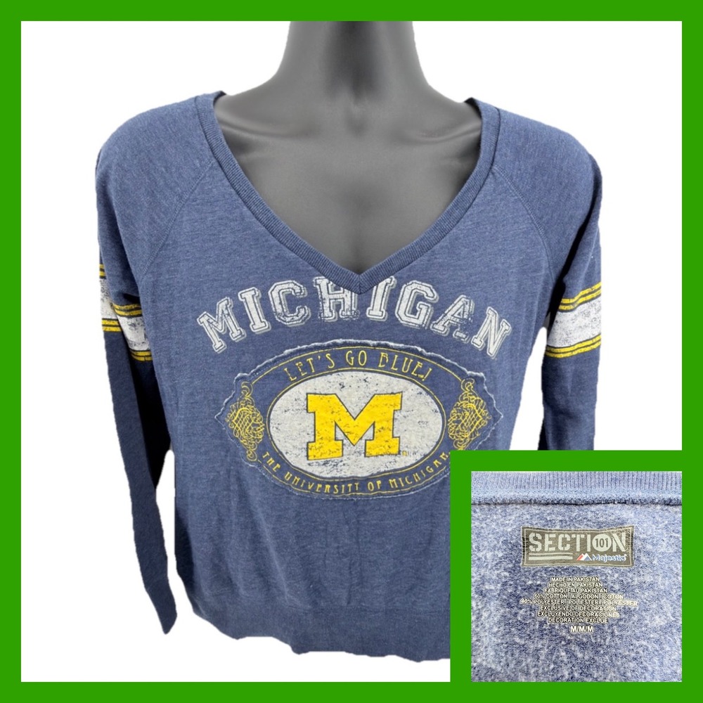 Majestic Michigan Wolverines Womens V-Neck Sweatshirt M Blue Raglan Pullover
